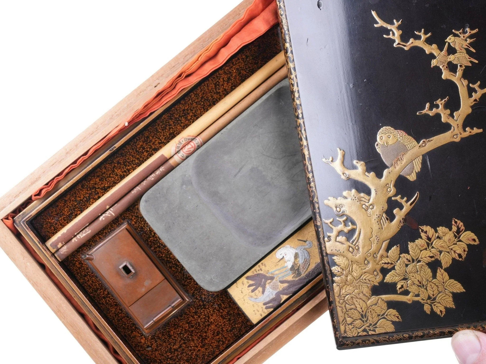 Antique Japanese Black-Lacquer Suzuribako (Writing Box) and Cover, late Meiji or