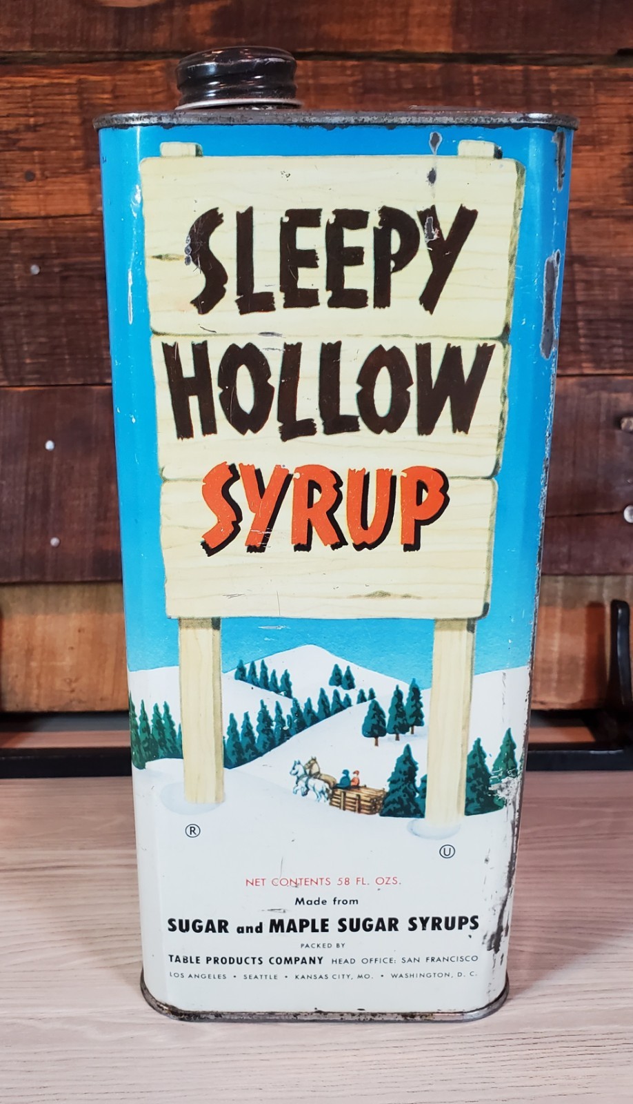 Vintage Sleepy Hollow Syrup Tin 58 Oz Large Advertising Can Metal Cap Primative 