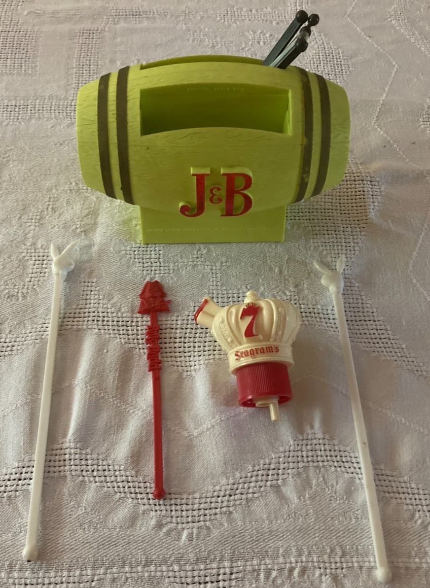 Vintage J&B Whisky Barrel Bar Caddy Seagrams 7 Pourer Playboy Swizzle Stick Lot Vintage J&B Whisky Barrel Bar Caddy Seagrams 7 Pourer Playboy Swizzle Stick Lot