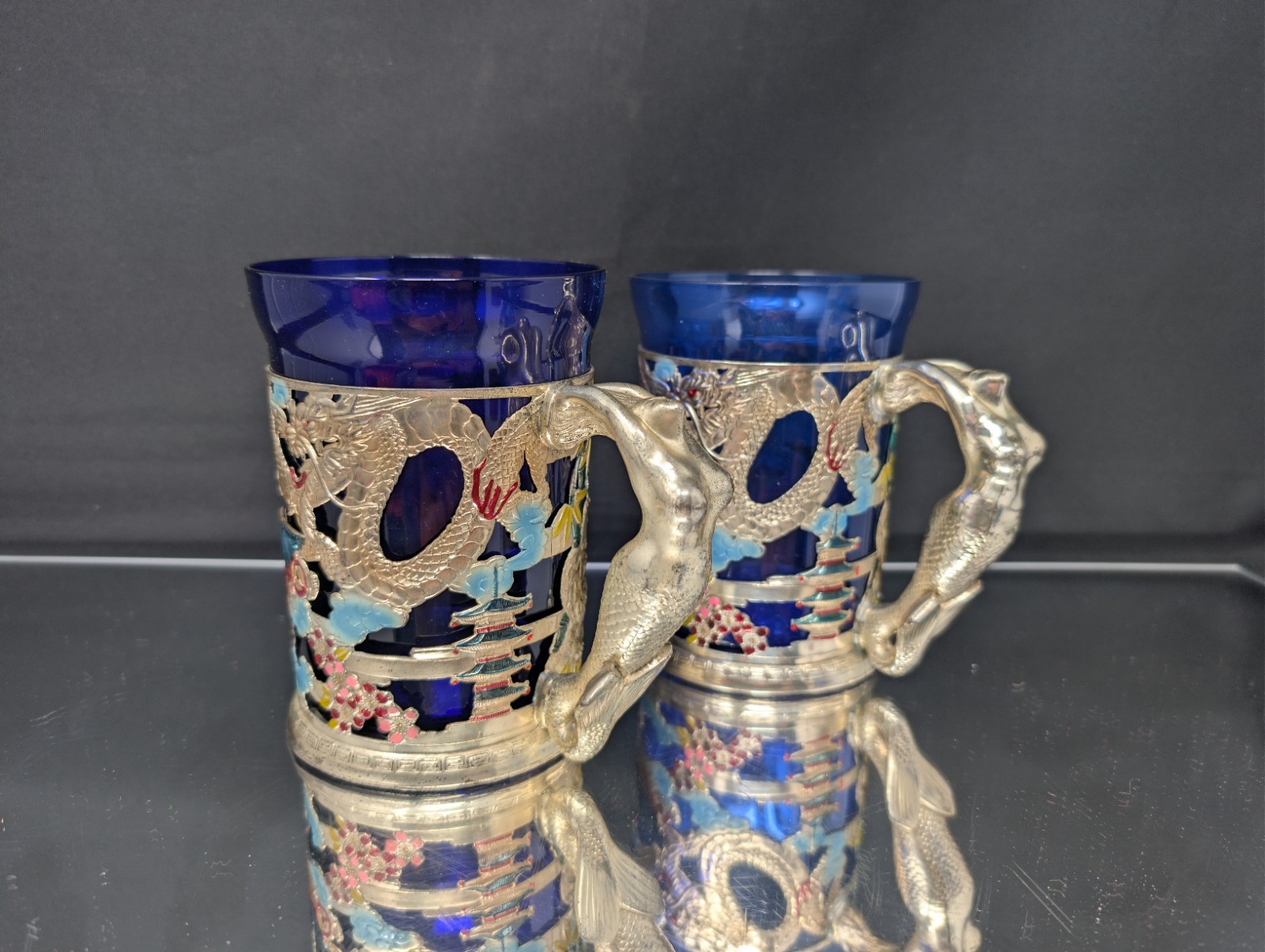 CHEEKY SURPRISE A Pair of Vintage Japanese Beer Mugs NUDE Cobalt Glass