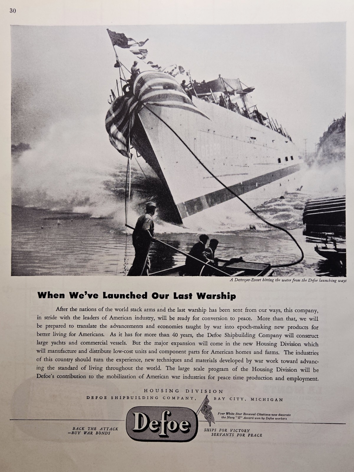 1945 Defoe Shipbuilding Co Bay City MI Print Ad - DE-698 USS Raby Launch