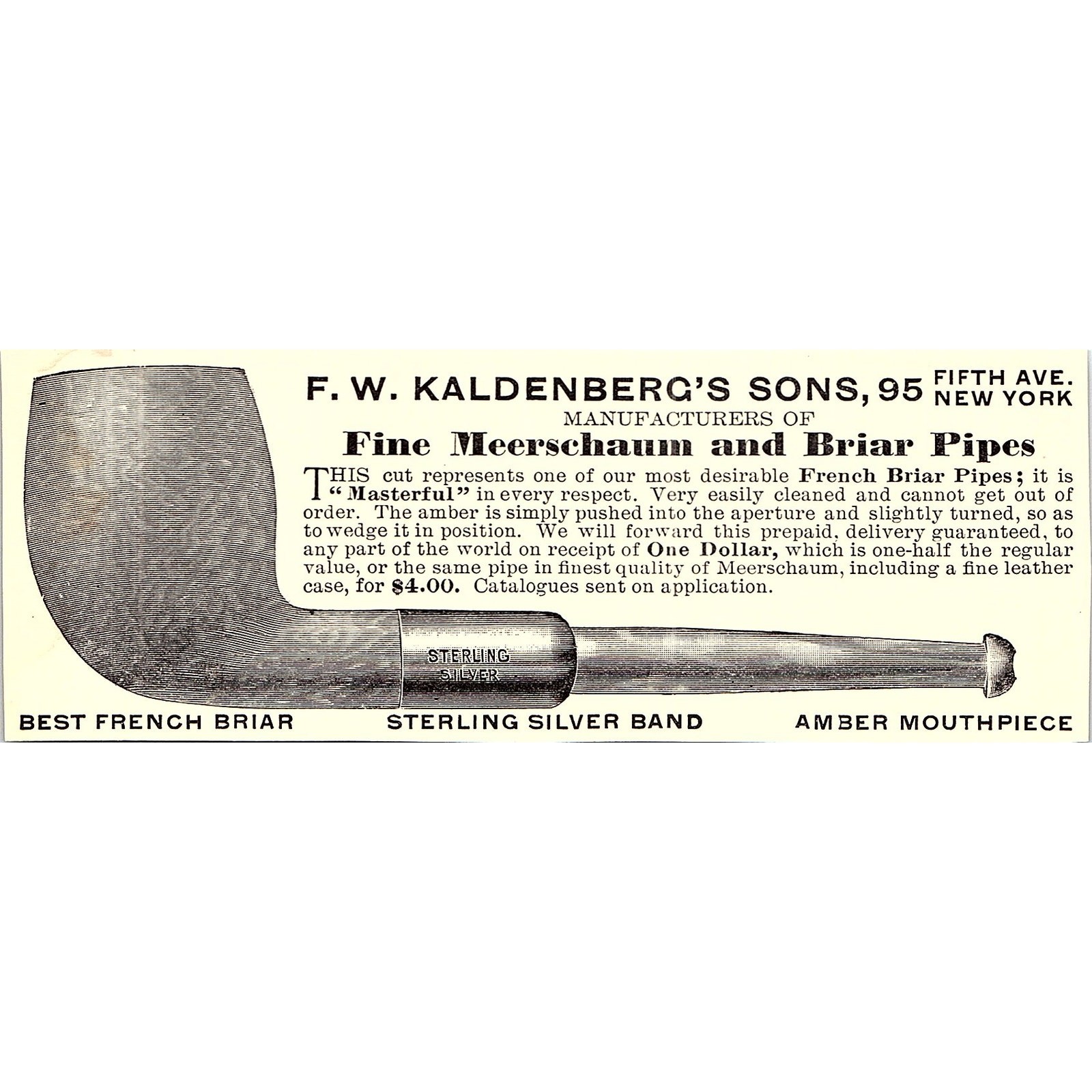 F.W. Kaldenberg\'s Sons Fine Meerschaum & Briar Pipes New York - 1906 Ad AF5-3