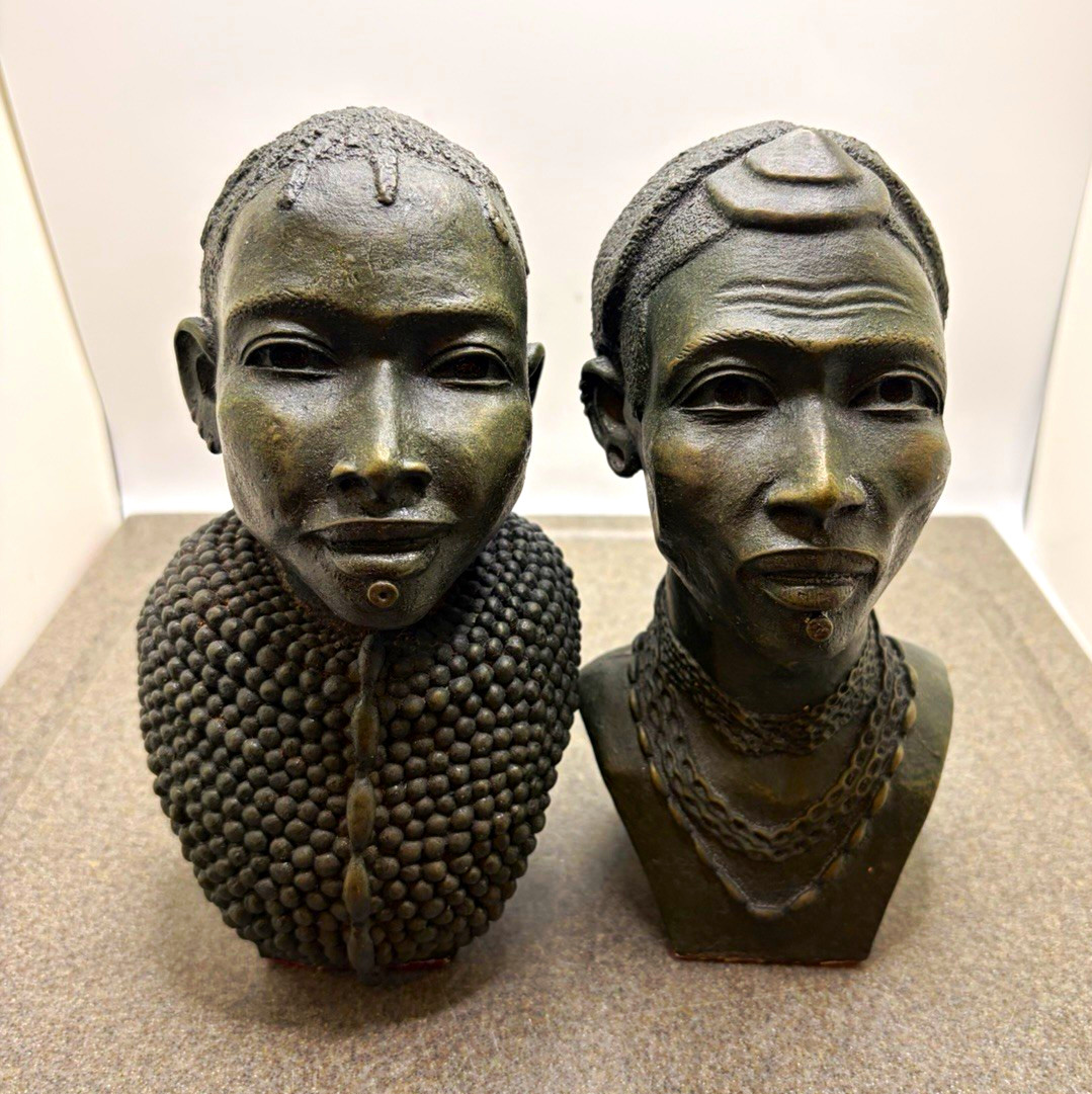 Handmade African set of 2 black bust figurine sculptures with beaded collar
