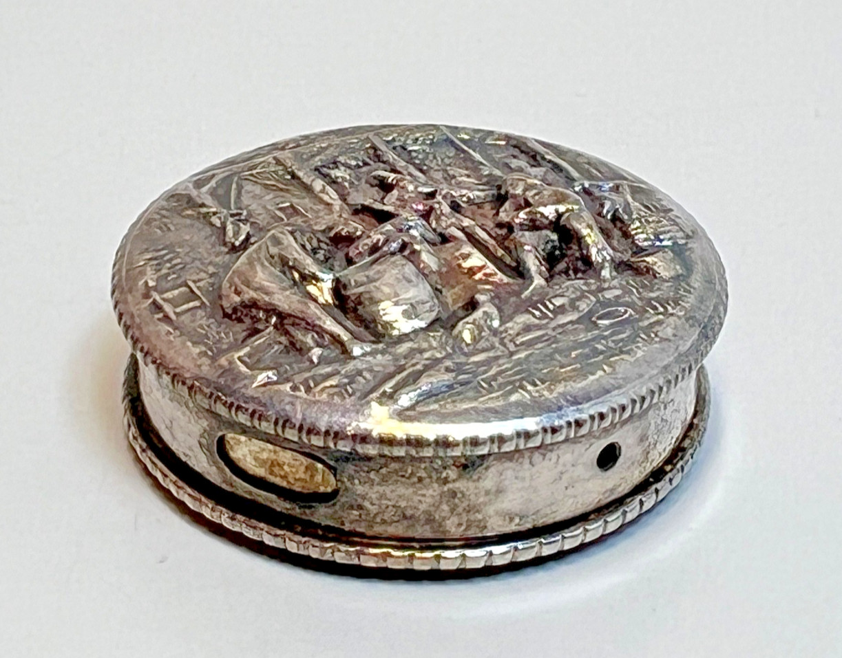 Antique Hans Jensen Denmark 830 Silver Pill Box Divider Dispenser Repousse Scene