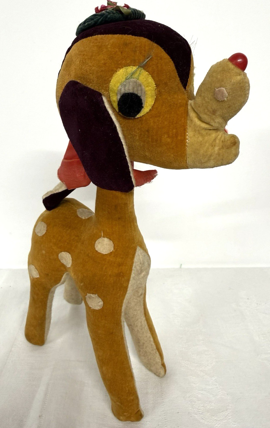 Vtg Japan Plush Bambi Or Rudolf 11 inches Red nose like Rudolf Spots like Bambi