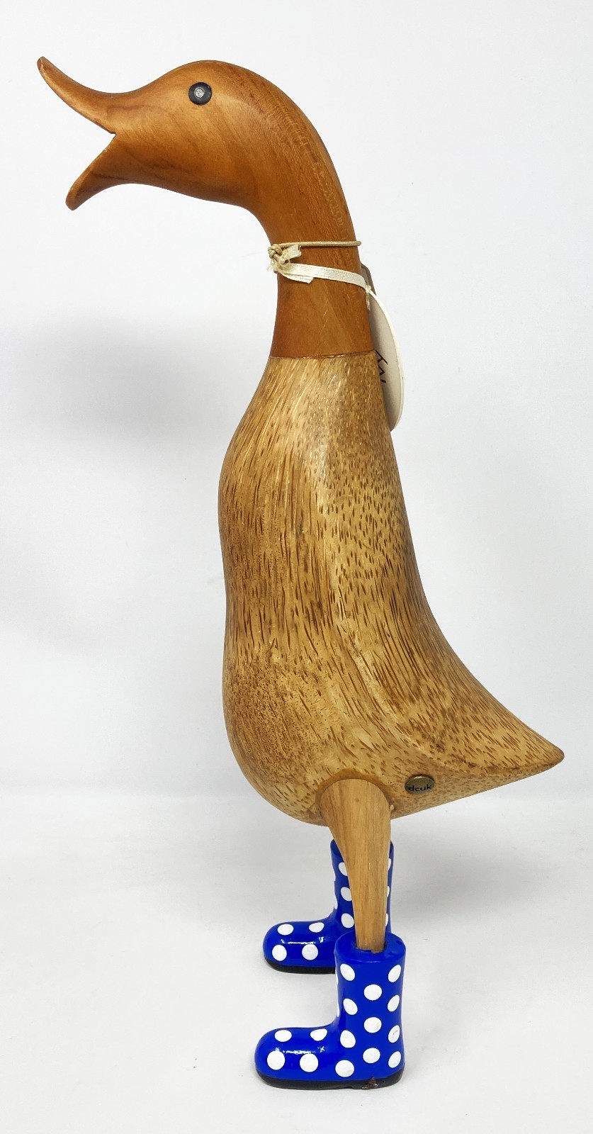 Vintage  dcuk Hand-Carved Wooden Duck Figurine Blue Polka-Dot Boots 13.5\