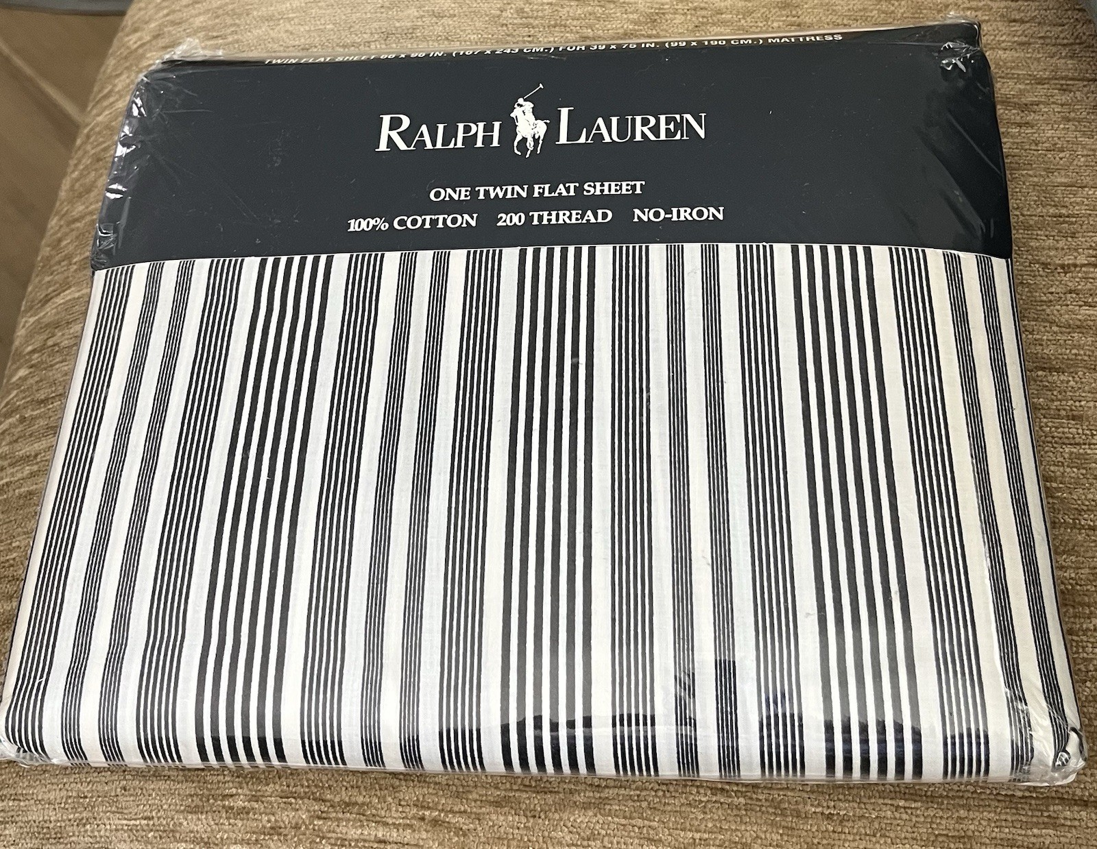 NOS Vintage Ralph Lauren Urban Stripe Black Cream Twin Flat Sheet