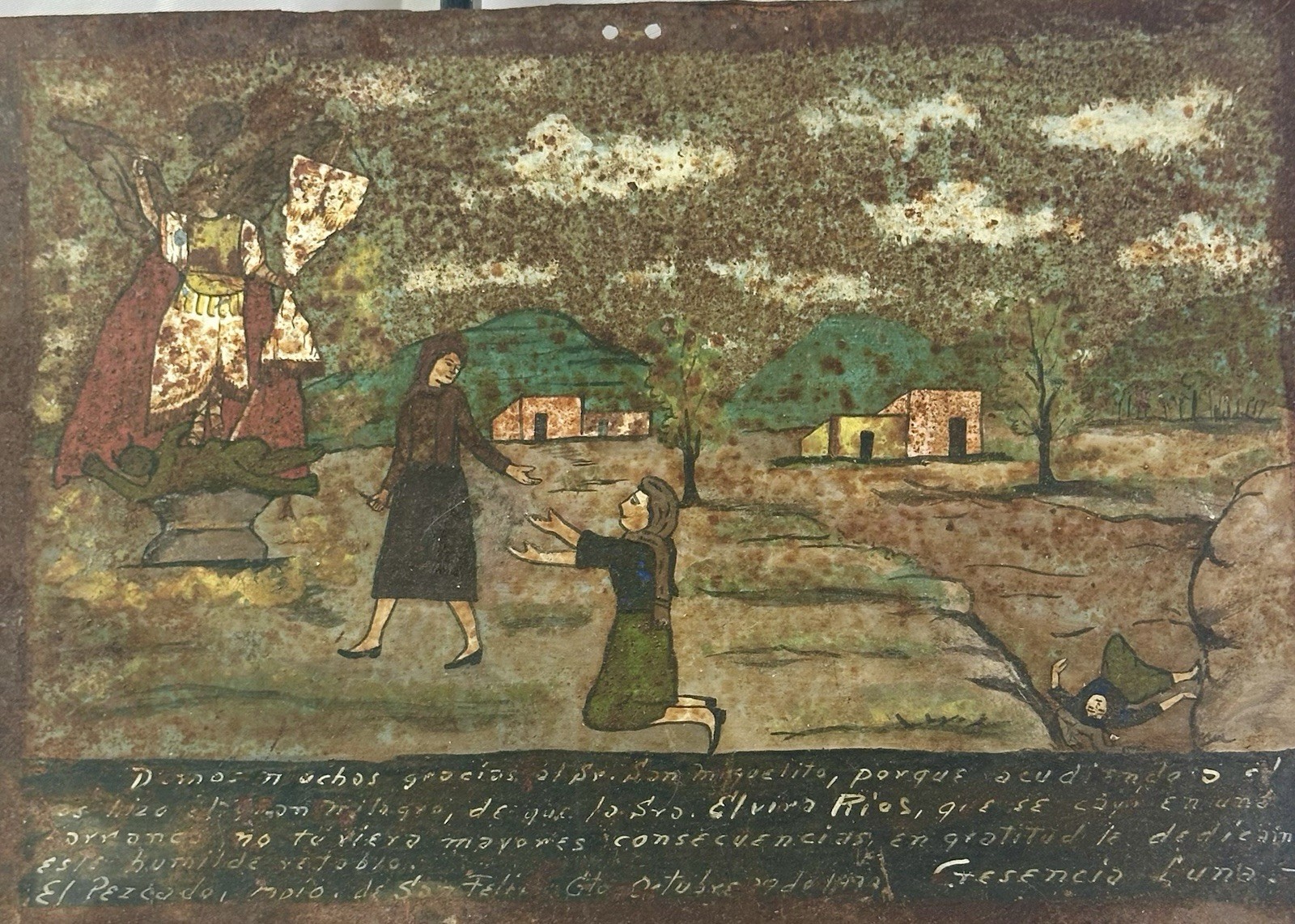 Mexican Antque Exvoto, Retablo, Painting on tin, Christian Painting 