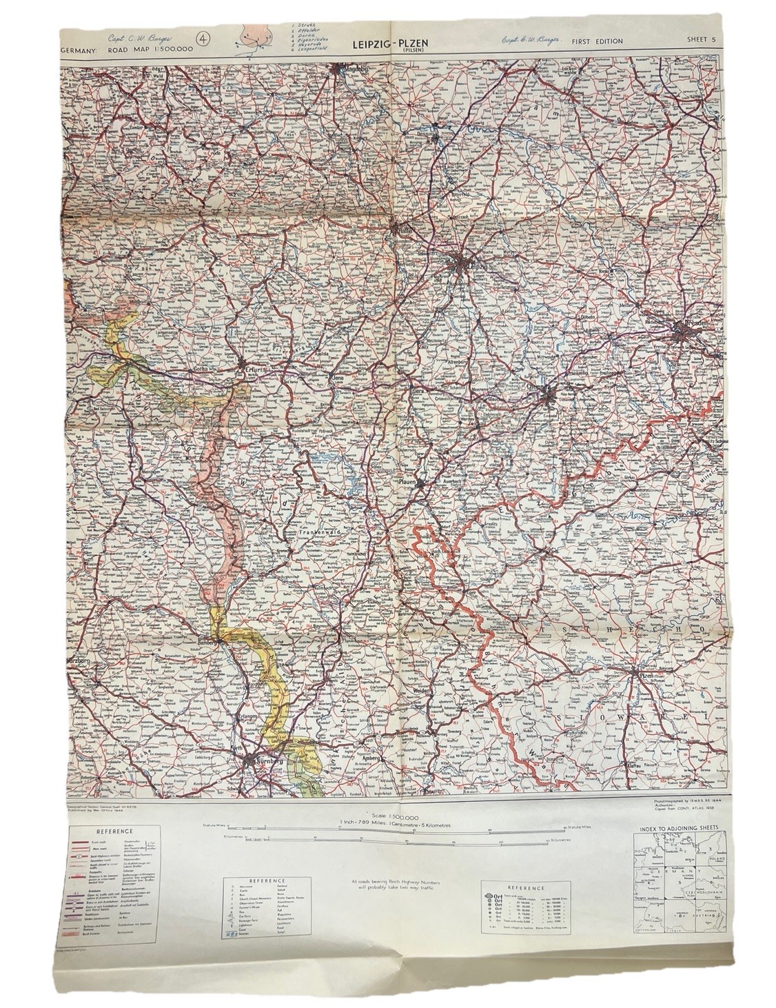 WWII Germany Road Map Leipzig Plzen Pilsen 1944 War Office Sheet 5 Vintage