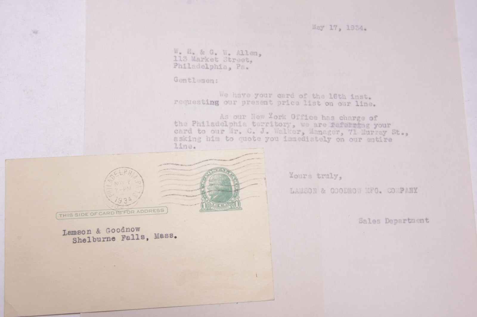 1934 Lamson Goodnow Post Card W H G W Allen Philadelphia PA Ephemera P702F