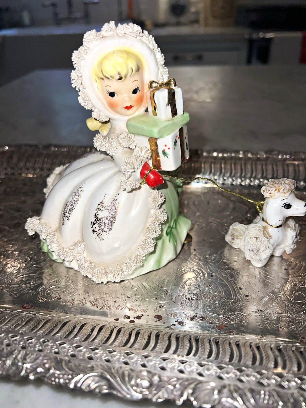 Rare Napco Japan Christmas shopping Girl Figurine w/ Dog Companion 2pc Set 1950s