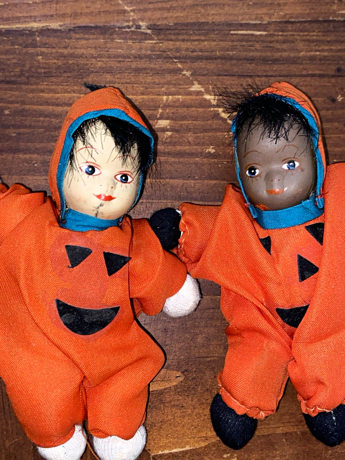 Vintage Bisque Sandbag Dolls/ Sitting Shelf Babies Pumpkin Costume Halloween Lot
