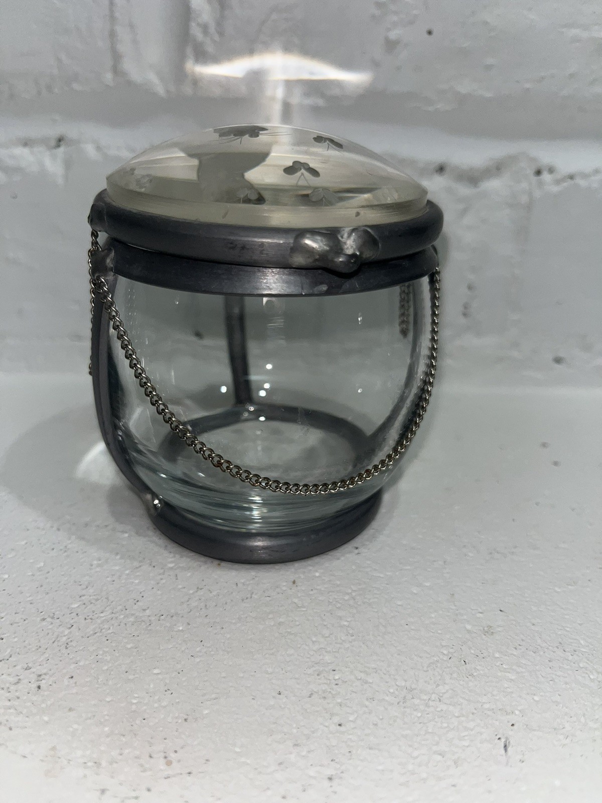 VTG Artist Etched Cat Glass Welded Trinket Box Chain Hinged Dome Lid Etched 3”