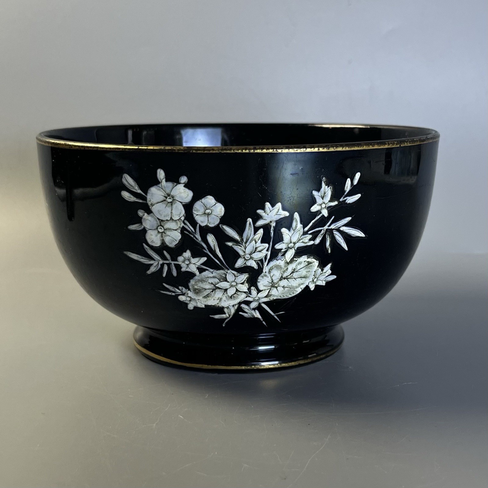 Antique Black Glazed Porcelain Bowl Silver White Floral Enamel Hand Painted 4248