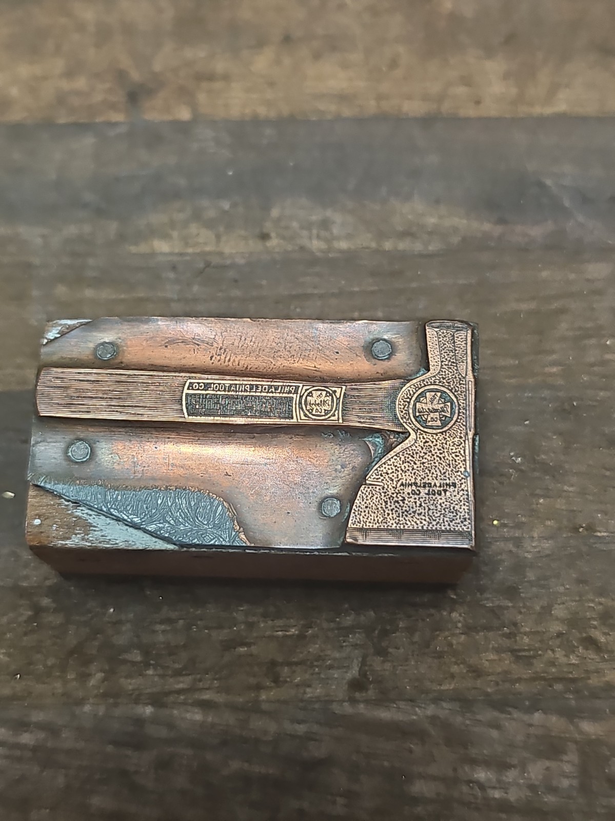 PB2- Antique Phila Tool Hatchet Wood Printing Block Advertising