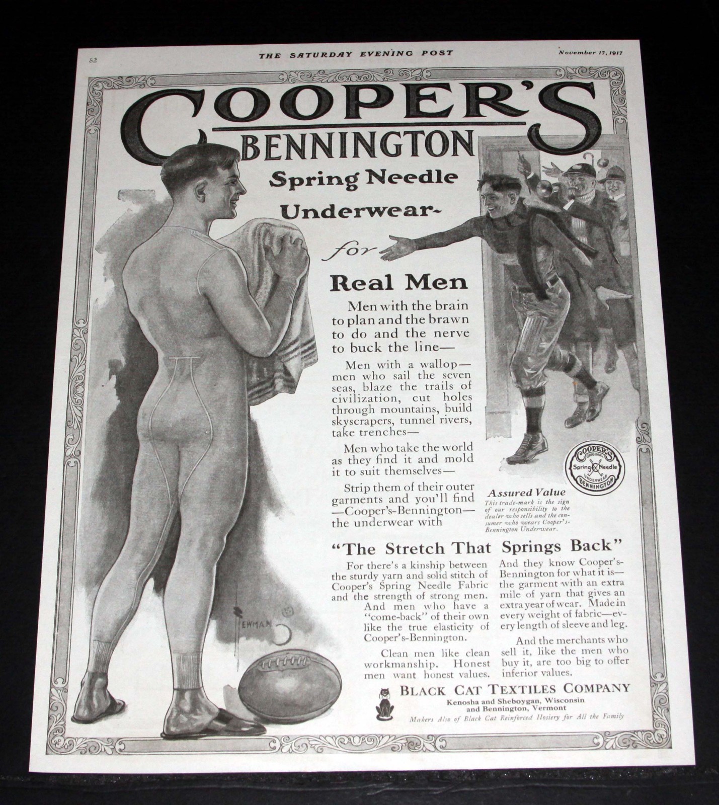 1917 OLD WWI MAGAZINE PRINT AD, COOPER'S SPRING NEEDLE UNDERWEAR, FOR REAL MEN