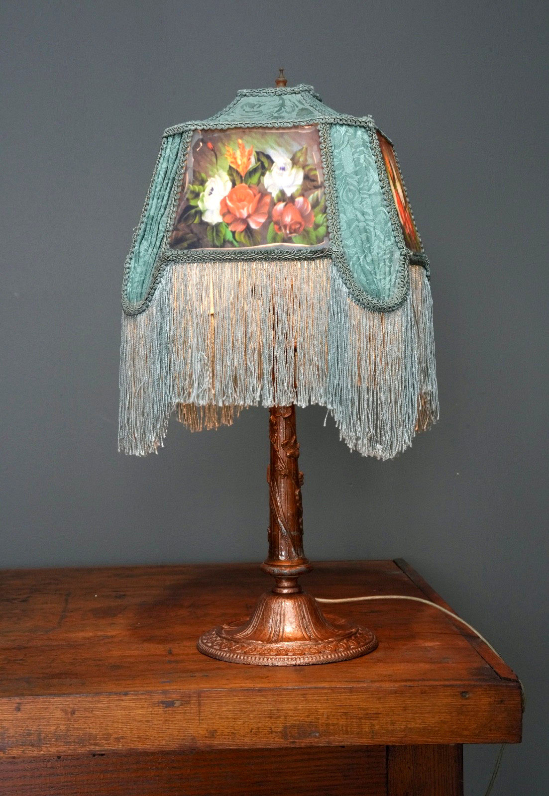Antique Victorian Table Lamp Vintage Light Reverse Painted Roses Fringe Floral