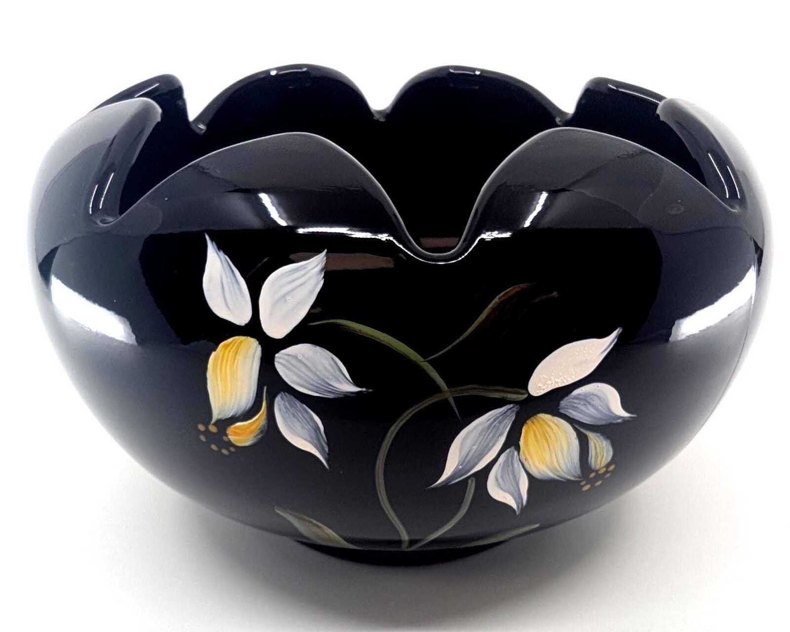 Vintage Fenton Midnight Garden Hand Painted Signed Black Glass Ruffled Bowl