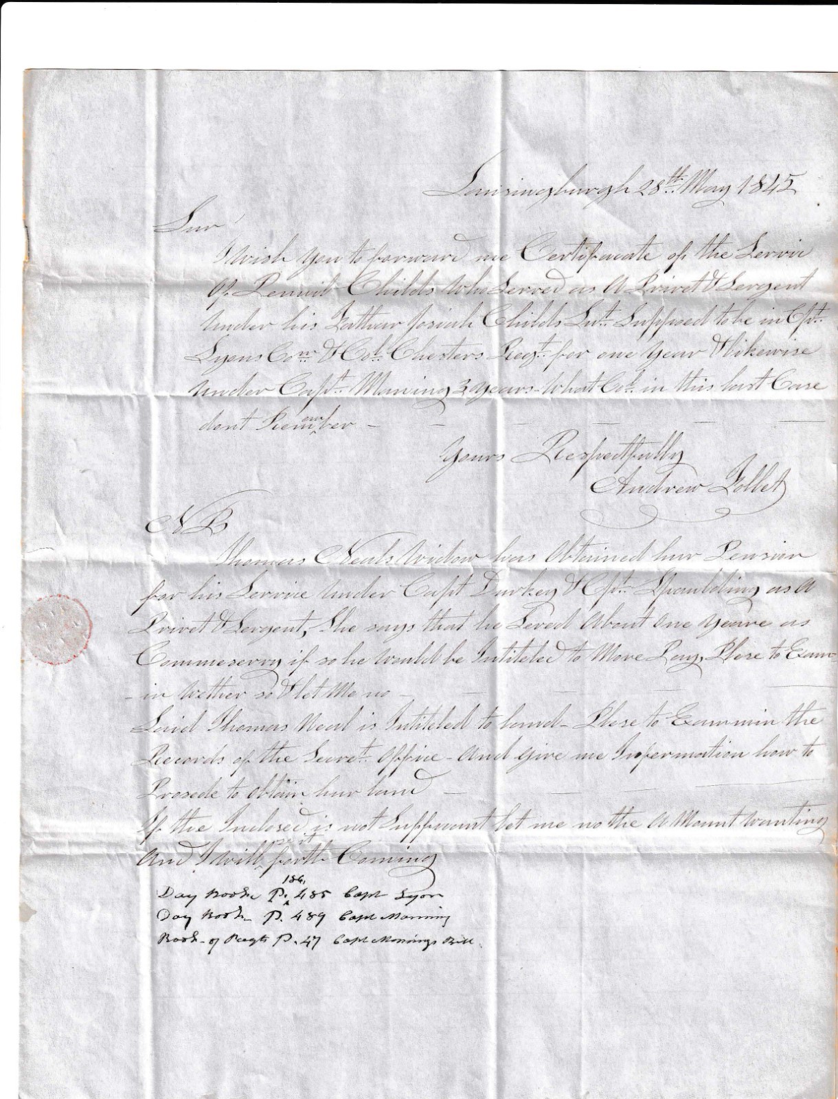 1845 Stampless Letter Revolutionary War Pension Emmitsburg MD Wax Seal