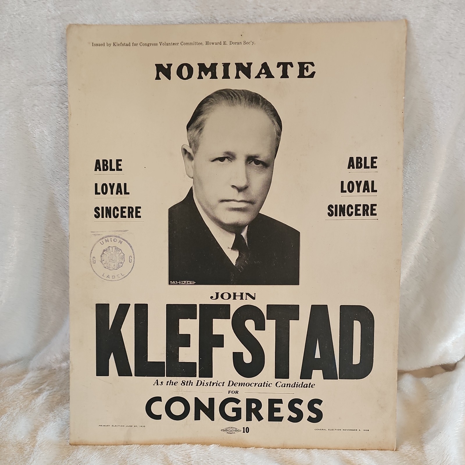 Vtg 1938 Congress Nominee John Klefstad Poster 8th District MN Union Stamp Vtg 1938 Congress Nominee John Klefstad Poster 8th District MN Union Stamp