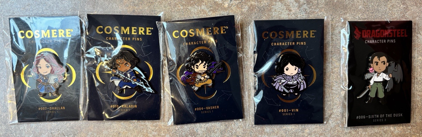 Cosmere Dragonsteel Character Pins Lot: Vin, Kaladin,Shallan, Vasher, Sixth Cosmere Dragonsteel Character Pins Lot: Vin, Kaladin,Shallan, Vasher, Sixth