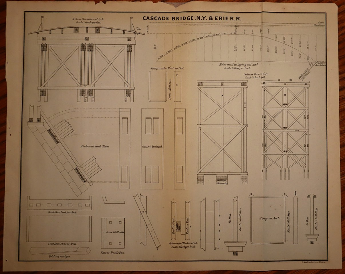 Rare 1856 Railroad Drawing - View of Cascade Bridge - New York & Erie Railroad