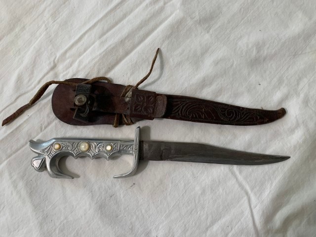 Vintage Philippine Fighting Knife w/Mother of pearl & leather Sheath dated 1948