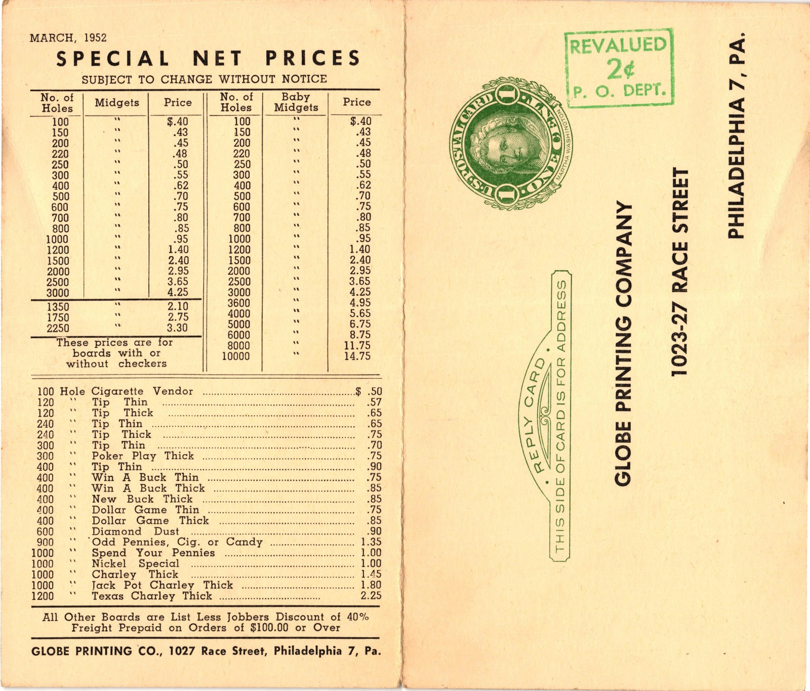 1952 Globe Printing Co Punch Board Game Price List Philadelphia Reply Postal Car 1952 Globe Printing Co Punch Board Game Price List Philadelphia Reply Postal Car