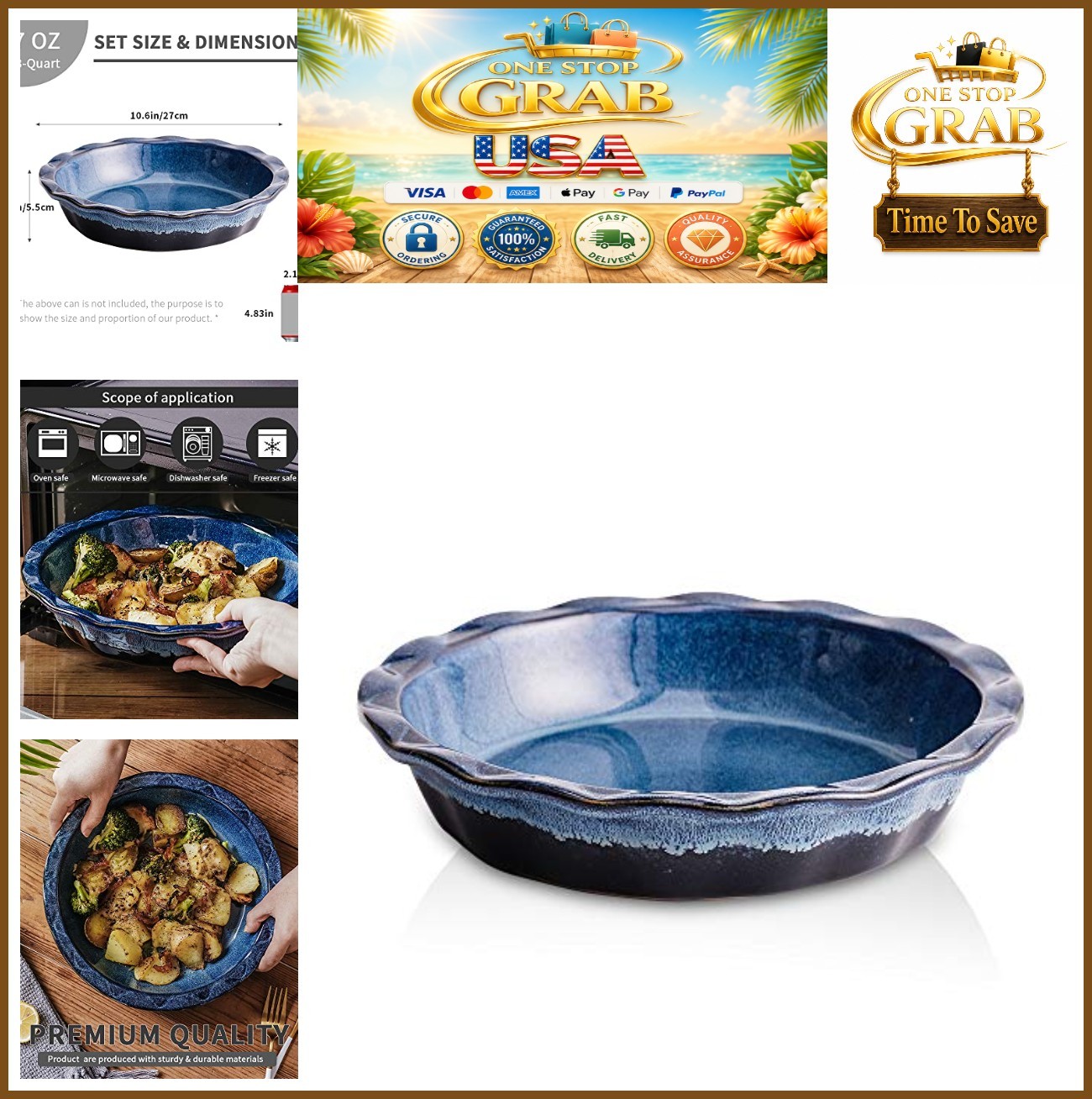 Ceramic Pie Dish 9 Inch Round Deep Dish Baking Pan Blue Reactive Glaze Oven