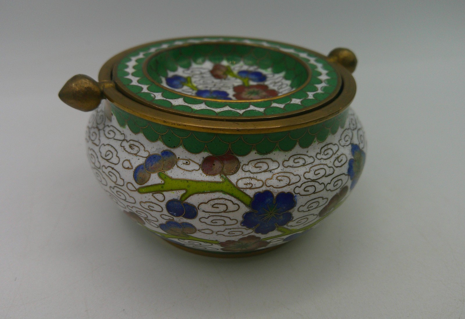 Vintage 1940s Chinese Ashtray Cloisonne Hand Painted Enamel on Brass