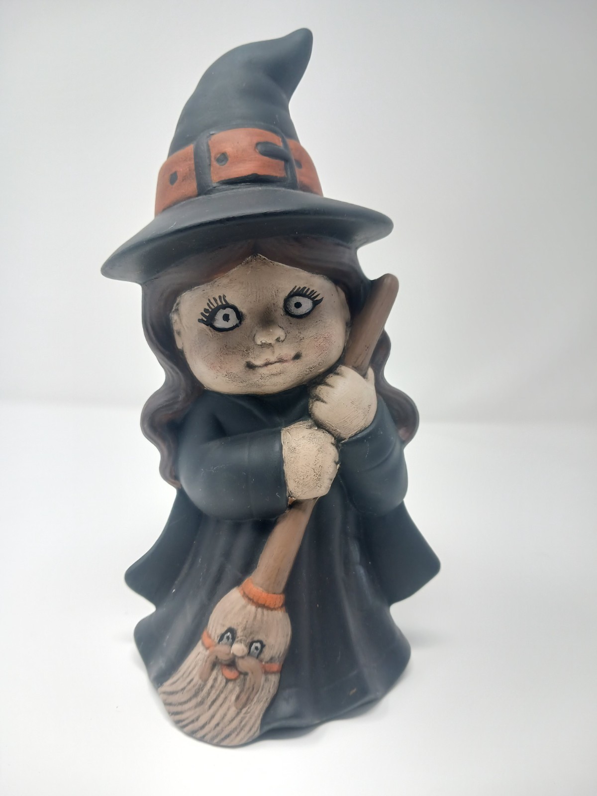 Vintage Dona Halloween Ceramic Witch Girl with Broom figurine Creepy Spooky Eyes