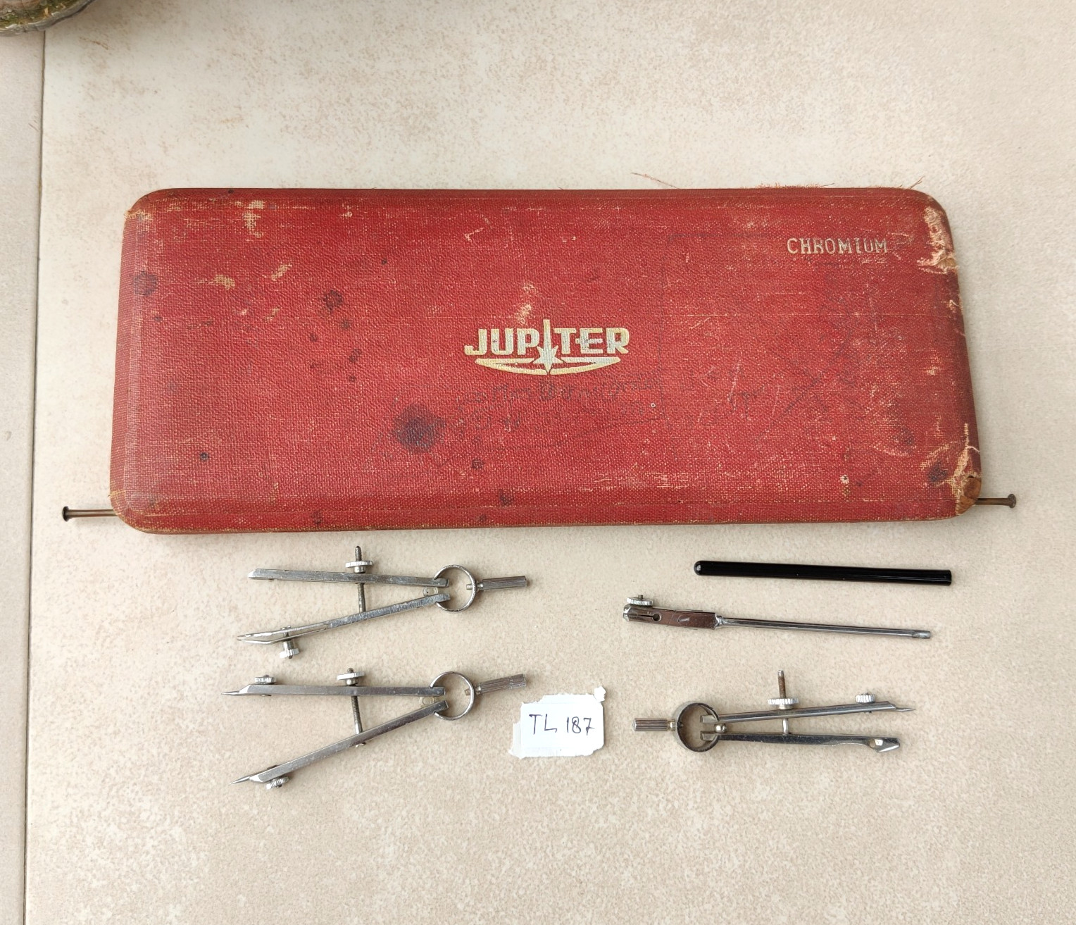 Antique Jupiter Chromium Drafting Set Compass & Tools in Original Case 19c Retro