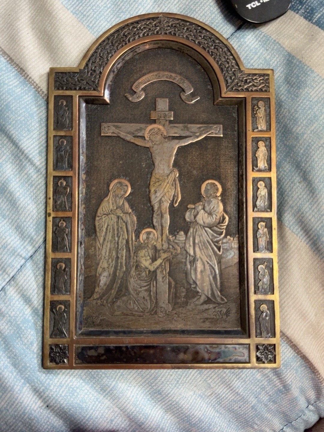Antique French PN Signed Crucifixion Religious Metal Plaque Easel 8” France
