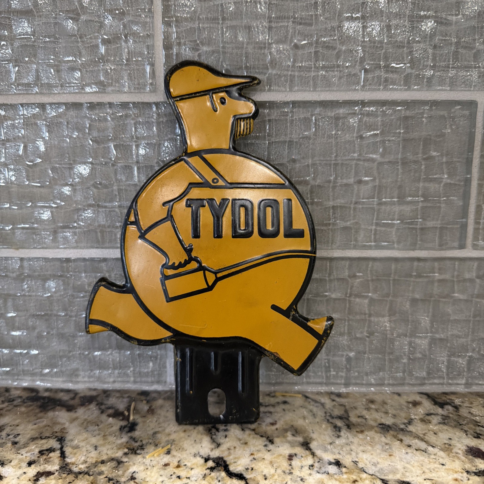 Vintage c. 1930's Tydol Man licence Plate Topper Veedol Gas Oil Advertising Item
