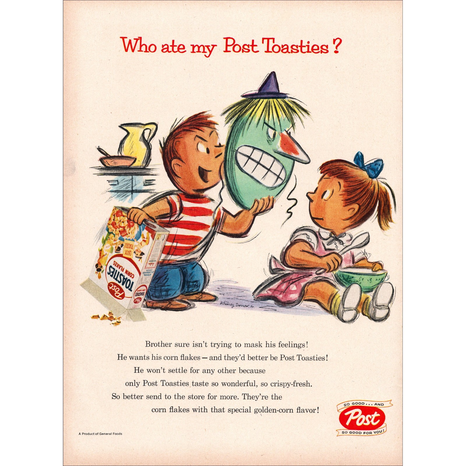 1956 Post Toasties Cereal Original Vintage Print Ad