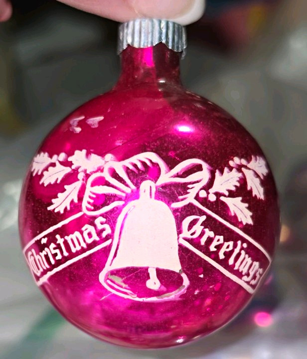 Vintage Shiny Brite Pink Christmas Greetings Bell Stencil Ornament Mid Century 
