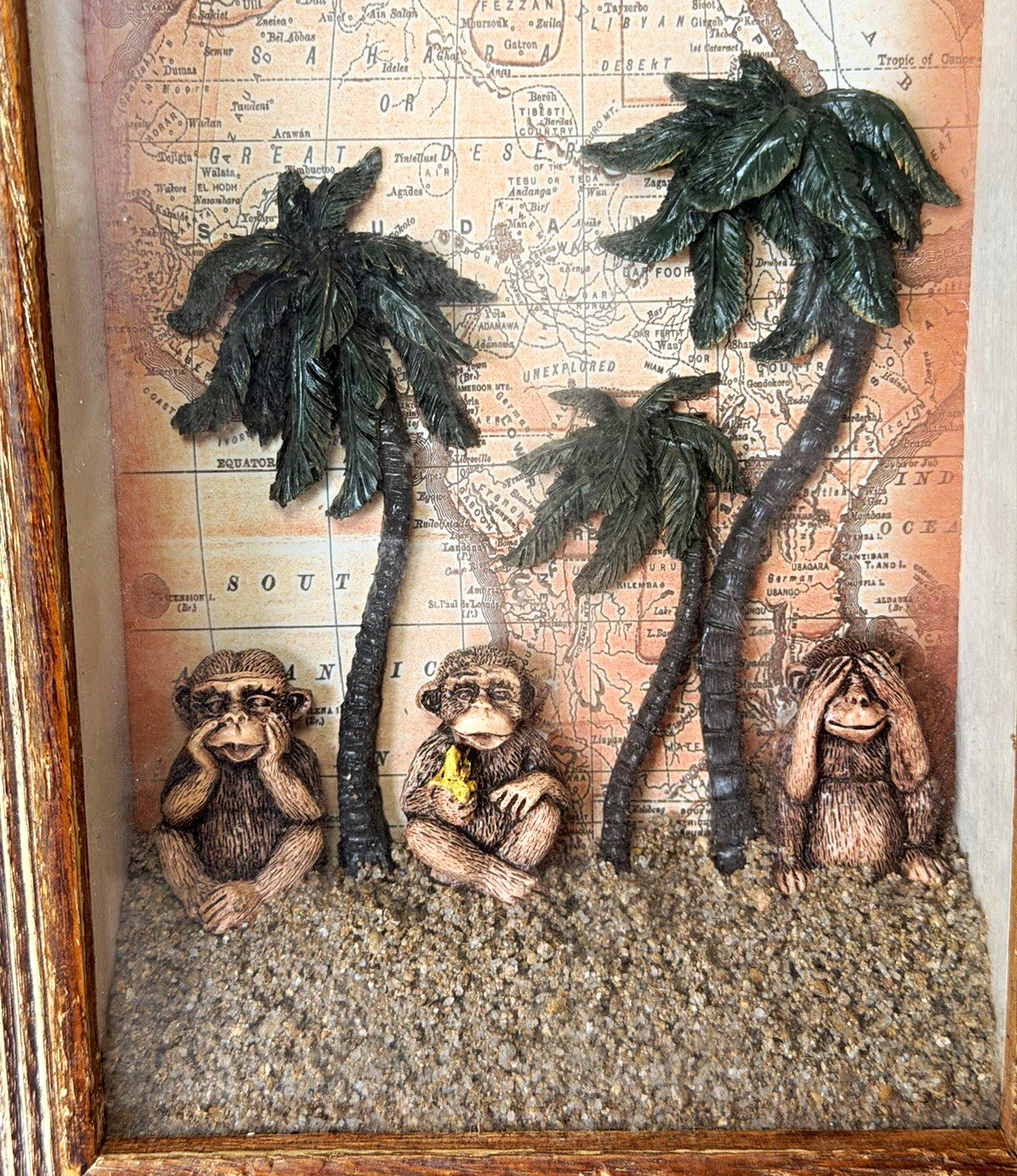 Rustic Wood Framed Shadow Box Three Wise Monkeys Palm Trees Map Background
