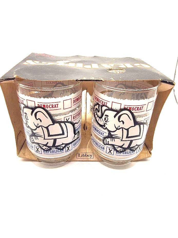 4 VTG Libbey Glass Set w/ Polical (Republican) graphics of Donkey & Ballot w/box 4 VTG Libbey Glass Set w/ Polical (Republican) graphics of Donkey & Ballot w/box