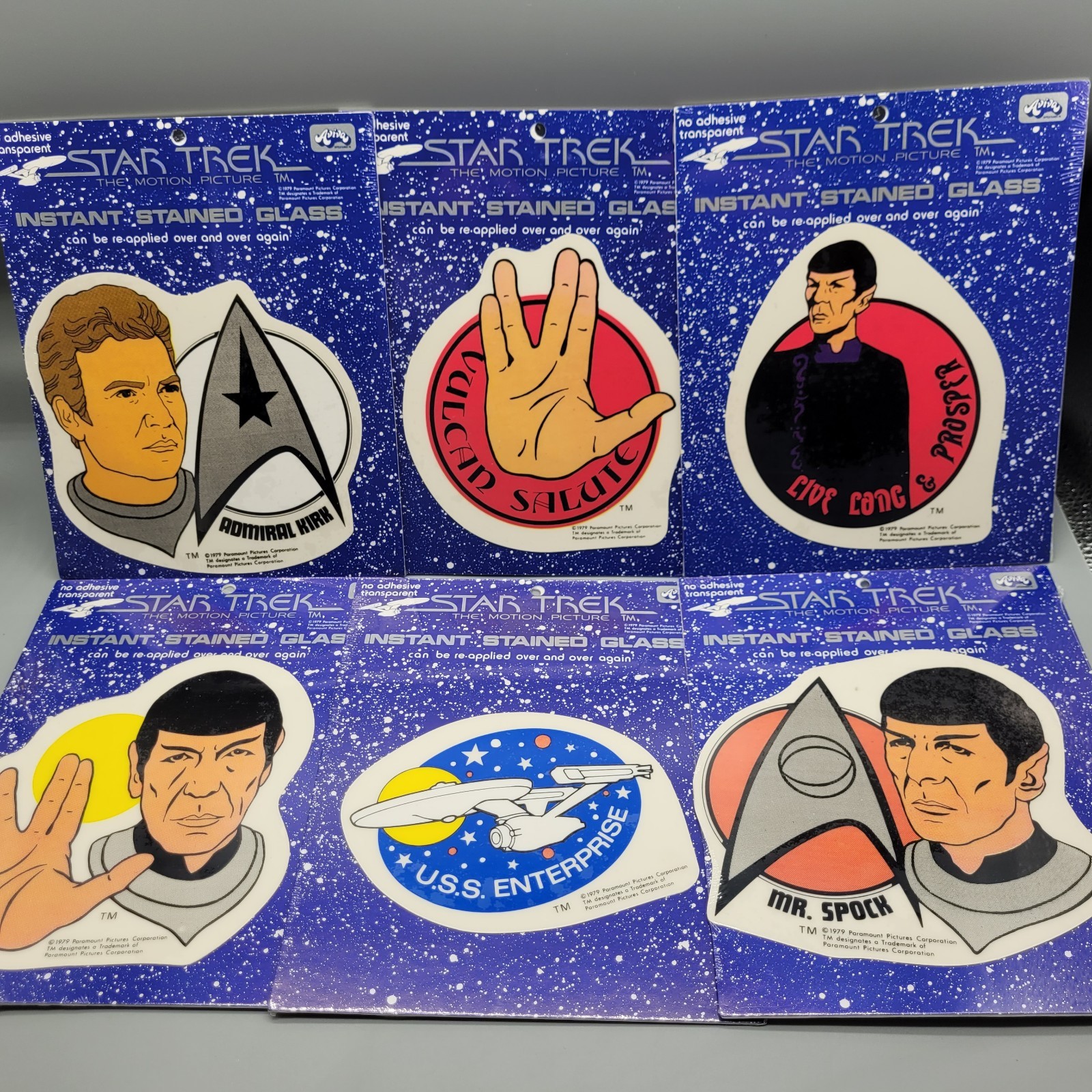 6 Vtg 1979 Star Trek The Motion Picture Instant Stained Glass Decal Complete Set