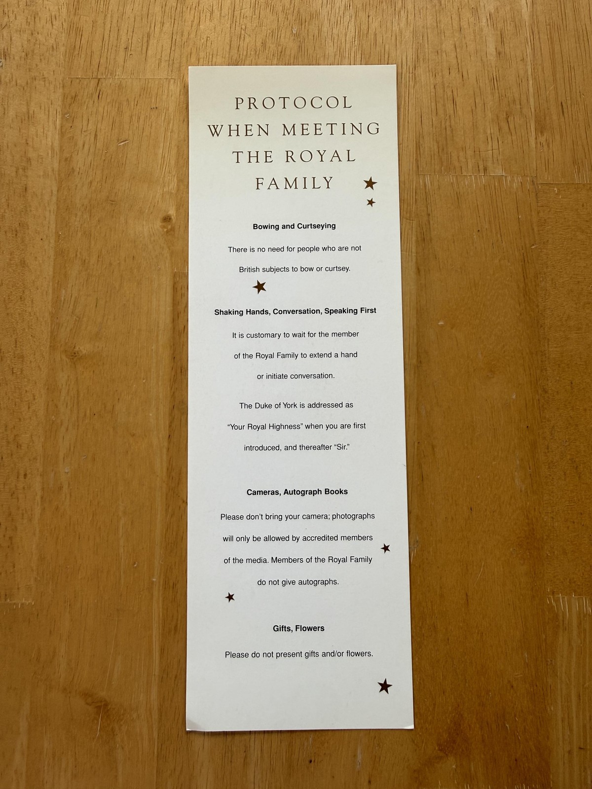 Vintage Royal Family Meeting Protocol Card Duke Of York Etiquette Guide UK
