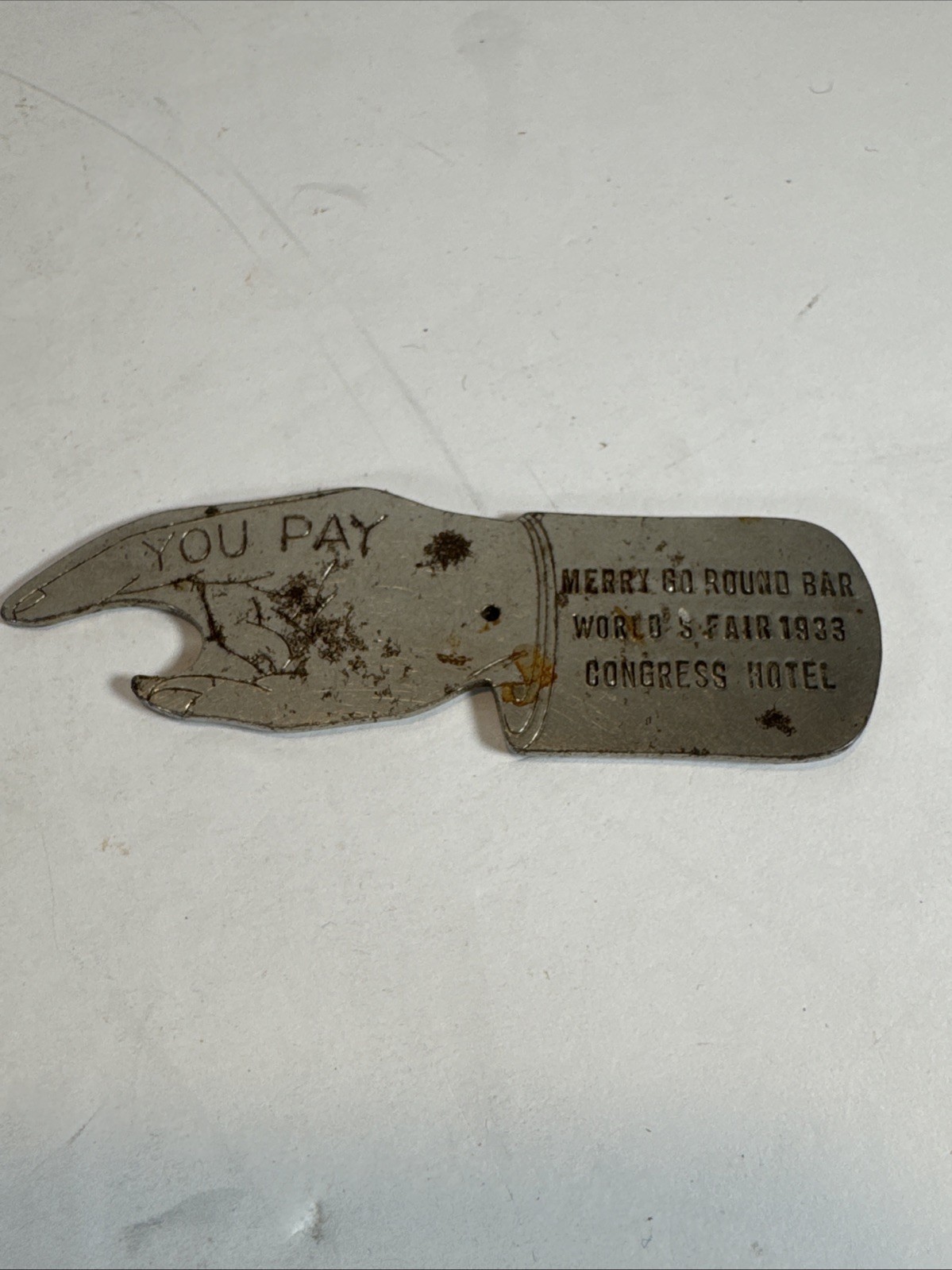 Vintage You Pay Spin Merry Go Round Bar World Fair 1933 Chicago Bottle Opener