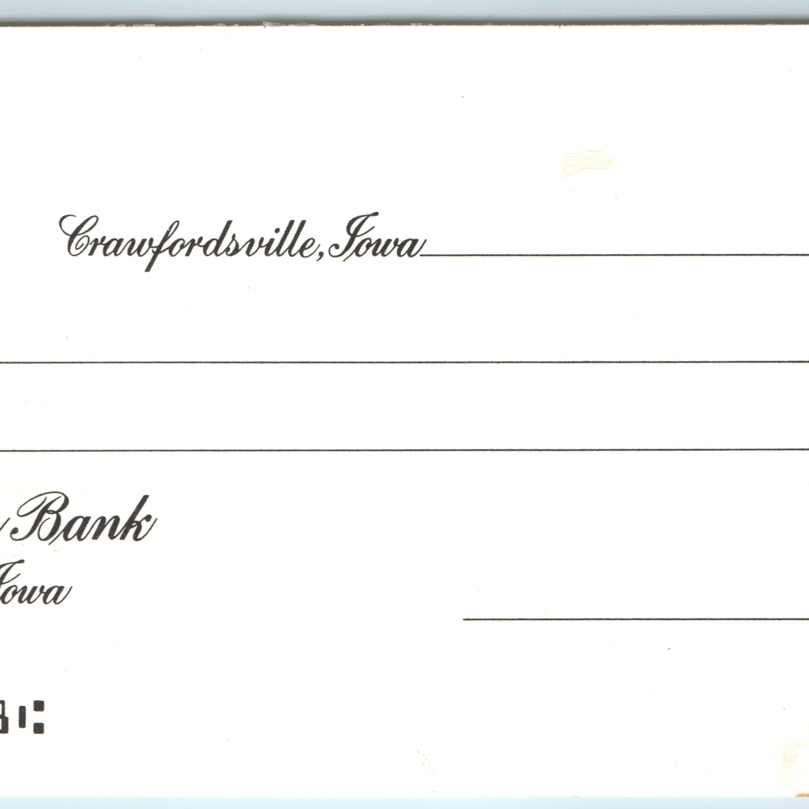 c1990s Crawfordsville Iowa Peoples Savings Bank Blank Check Business Banking 7W