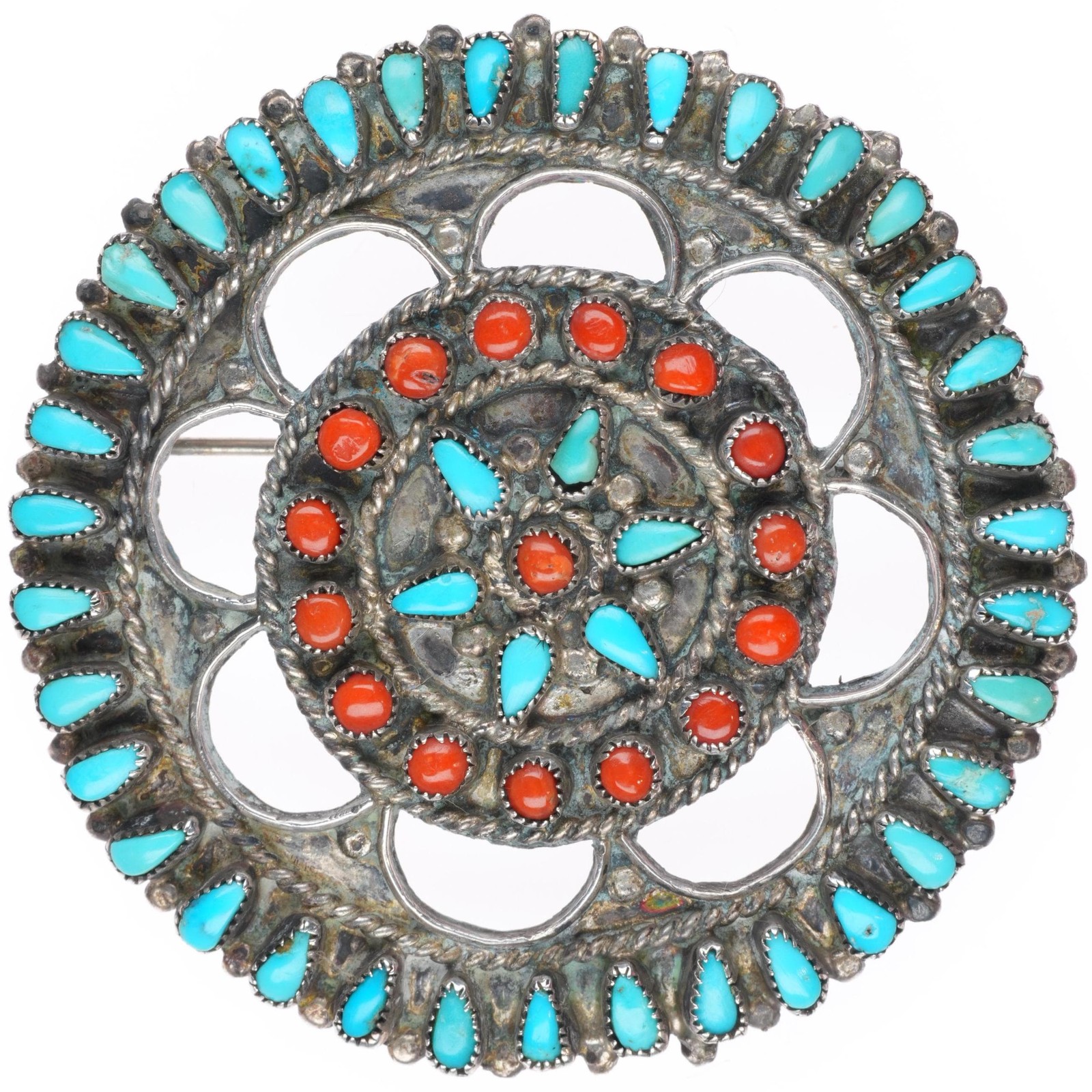 1940\'s-50\'s vintage Zuni sterling silver petit point turquoise/coral pin Pendant 1940\'s-50\'s vintage Zuni sterling silver petit point turquoise/coral pin Pendant