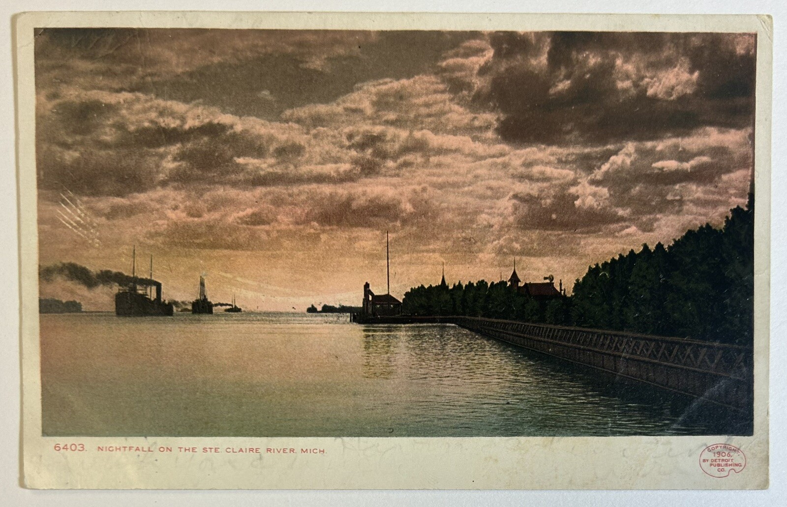 Nightfall On The Ste Claire River, Michigan Sunset Postcard, Posted 1906 Findlay