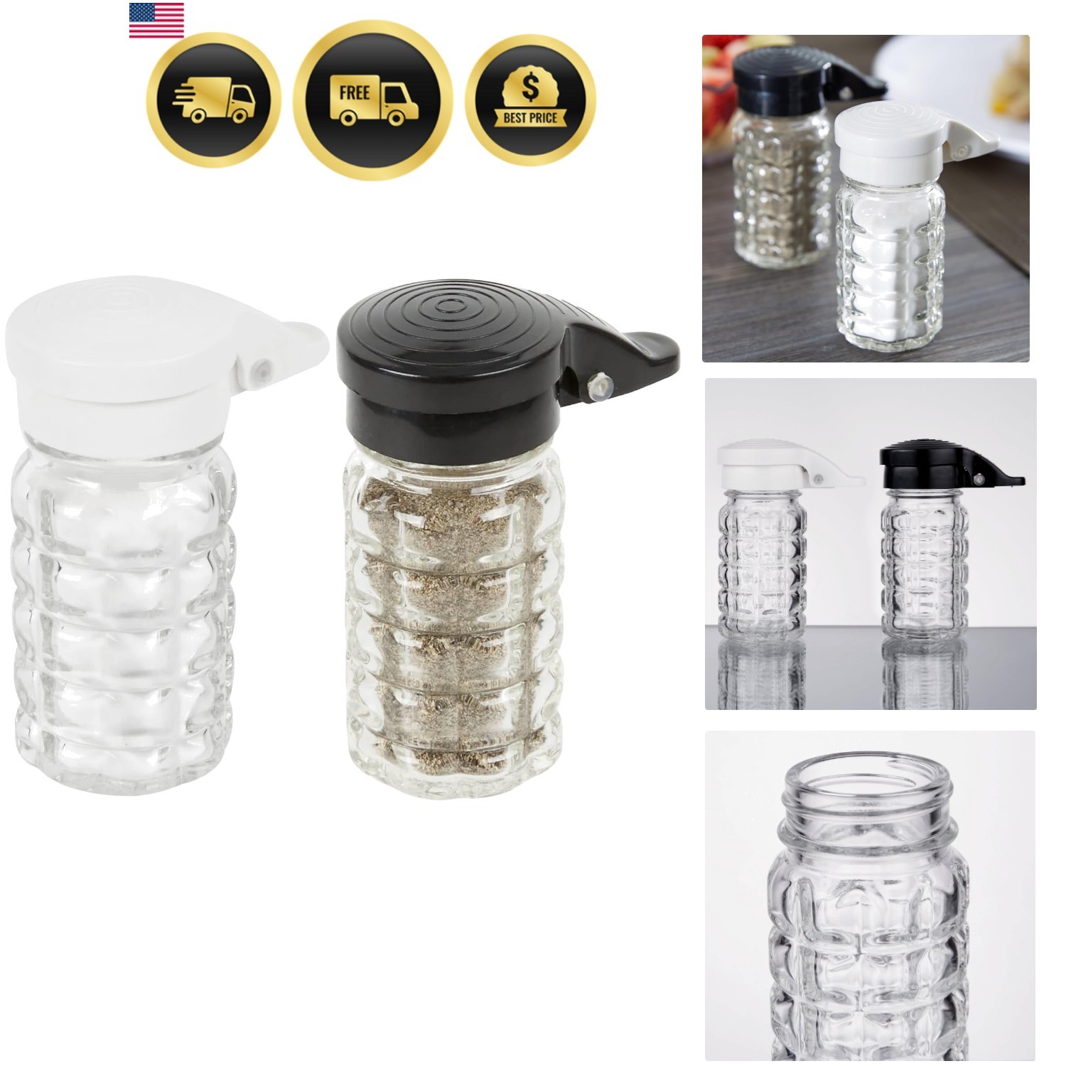Moisture Proof Salt & Pepper Shakers - 1.5 Oz - Glass w/Black & White Lids Sp...
