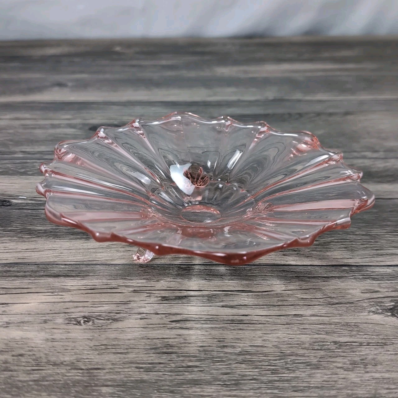 Vintage Pink Rose Ruffled Depression Glass Footed Candy Trinket Dish Tray 7