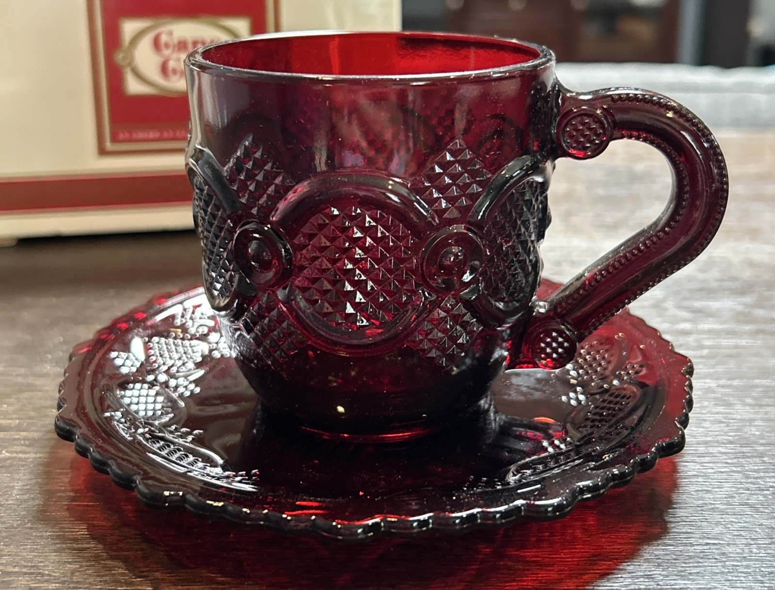 Avon 1876 Cape Cod Ruby Red Glass Coffee Tea Cup Hot Chocolate Mug Saucer Set Avon 1876 Cape Cod Ruby Red Glass Coffee Tea Cup Hot Chocolate Mug Saucer Set