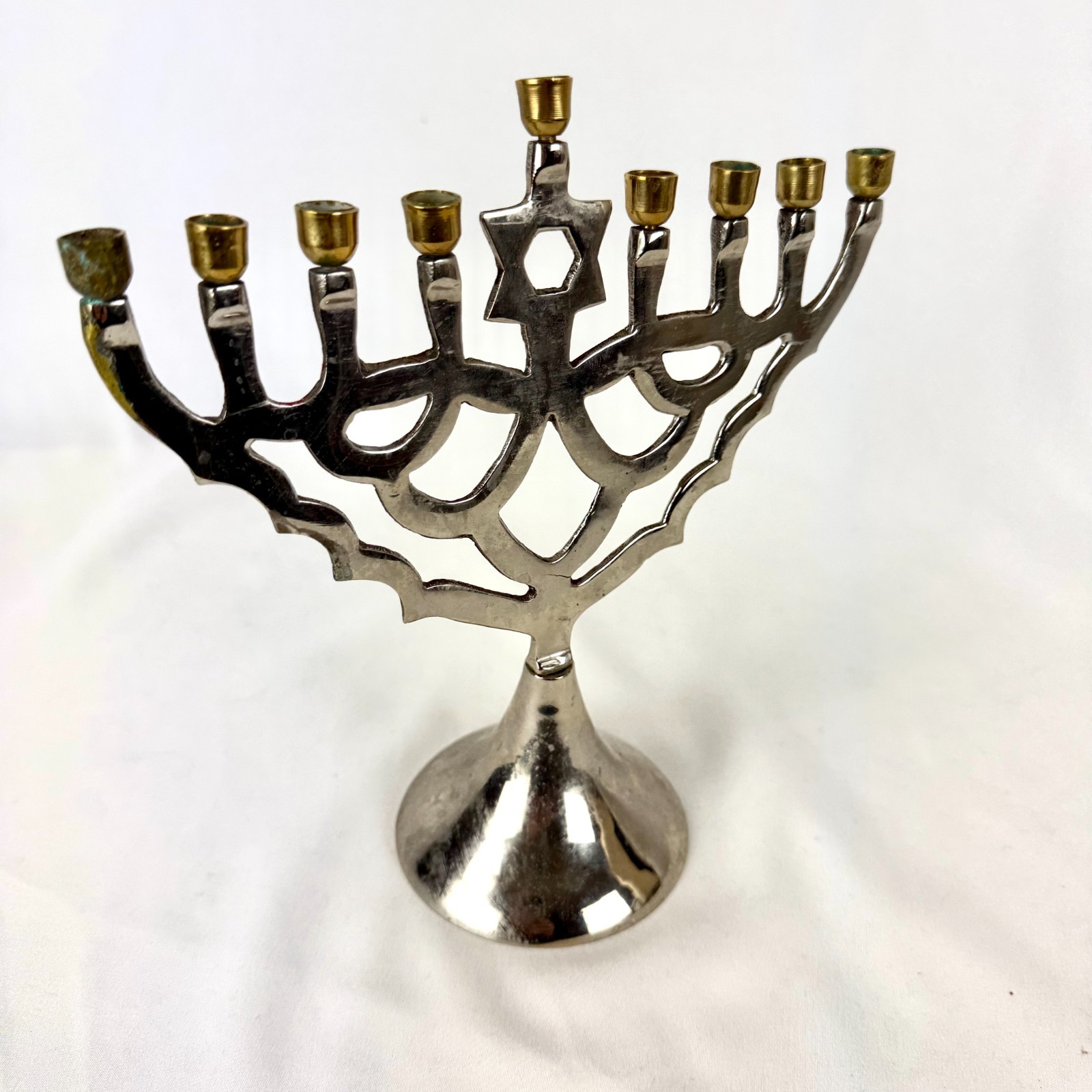 Vintage Biedermann India Silver and Brass 8 in Menorah 9 Candles Hanukkah