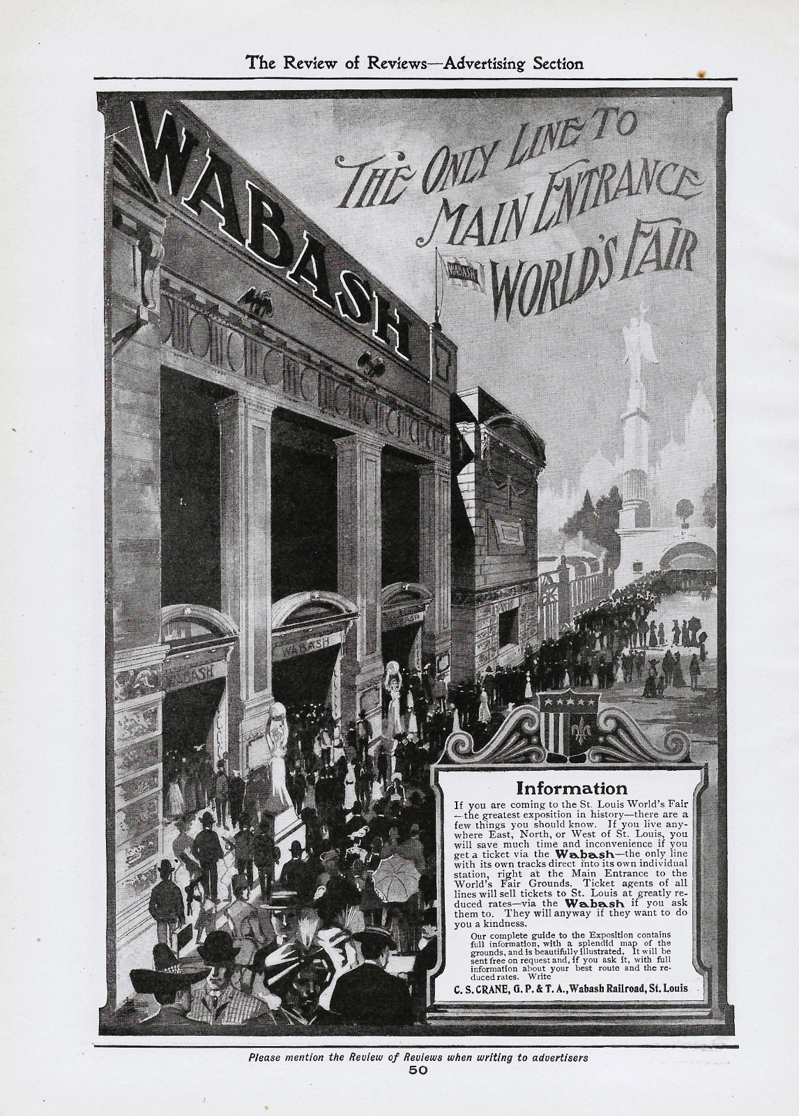 1904 Wabash Railroad RR St Louis Worlds Fair Main Entrance - Original Print Ad