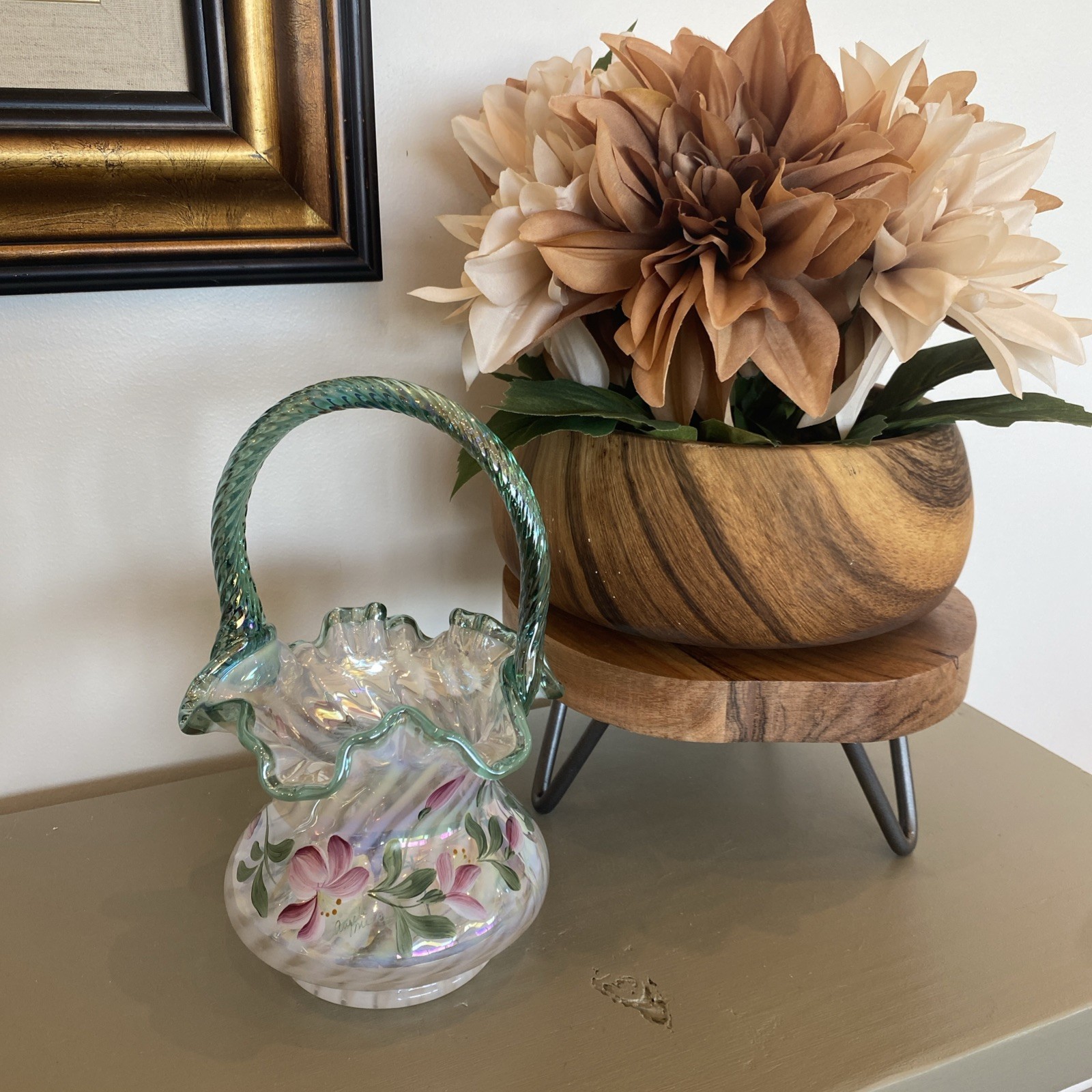 Fenton Glass 90th Anniversary Spiral French Opalescent Hand Painted Basket